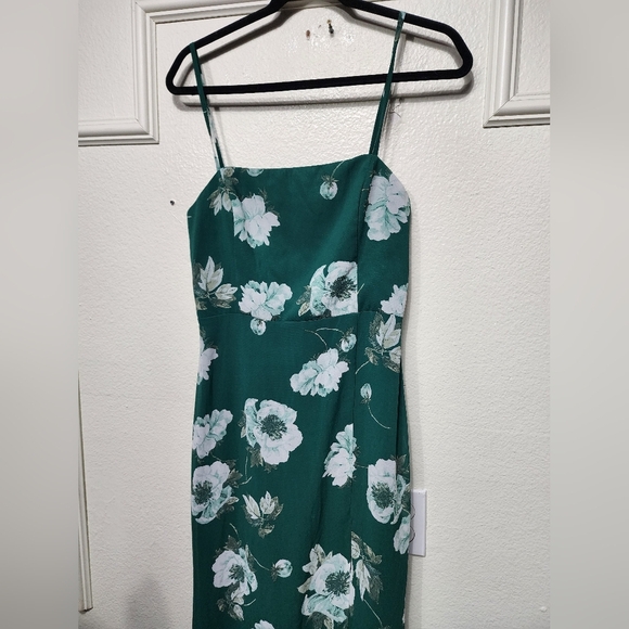 Lulus Feeling Elegant Green Floral Print Lace-Up Slit Maxi Dress S Wedding Party - Picture 9 of 11